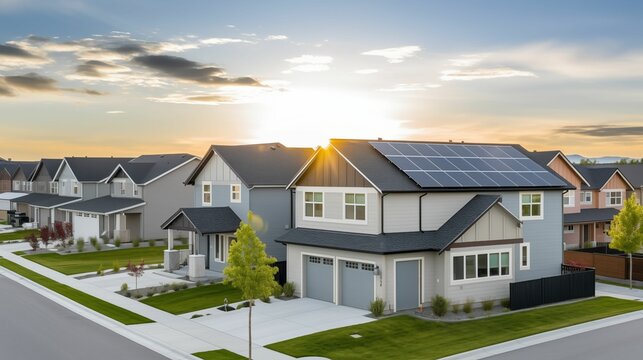 Image of constructed homes adorned with solar panels on the roof.