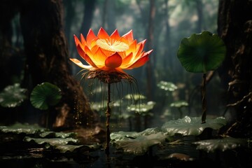  a large orange flower sitting on top of a lush green forest filled with lots of leafy plants and water lilies. - Powered by Adobe