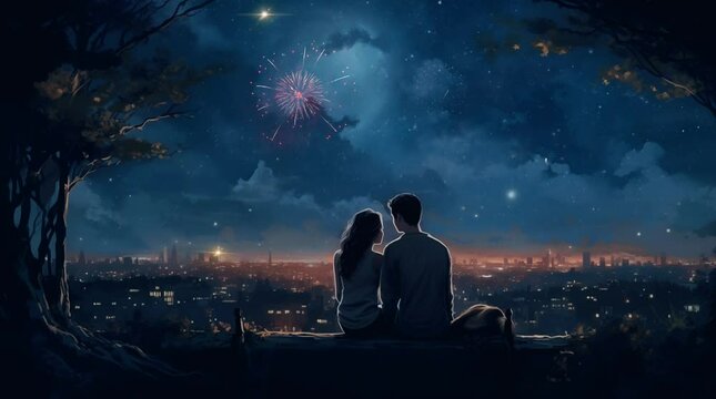 Couple romantic celebrate happy new year with firework animation falling in love with beautiful view city background. seamless looping 4k video. generated with AI