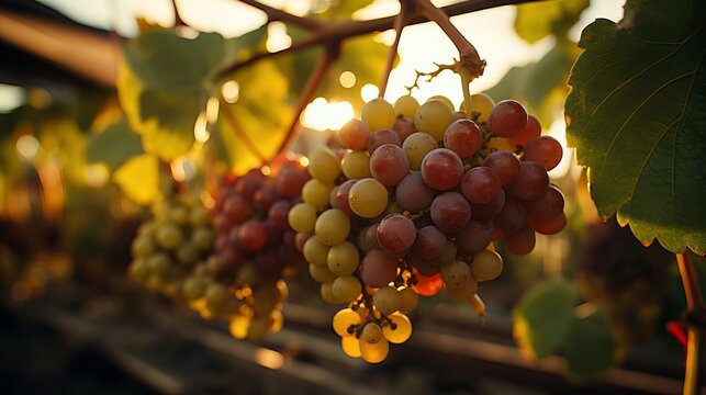 Sunset Glow Bathes Vineyard Grapes in Golden Light, Signaling Harvest in the Countryside