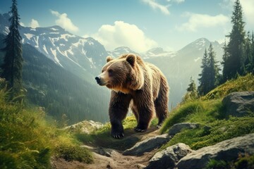 brown bear in the mountains - obrazy, fototapety, plakaty