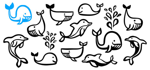 Cute cartoon set of whales and dolphins hand painted with ink brush stroke. Png clipart isolated on transparent background