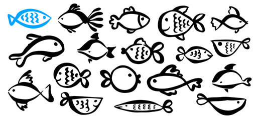 Set of cute cartoon fish hand painted with ink brush stroke. Png clipart isolated on transparent background - obrazy, fototapety, plakaty
