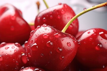  a close up of a bunch of cherries with drops of water on the top of the cherries and the bottom of the cherries.