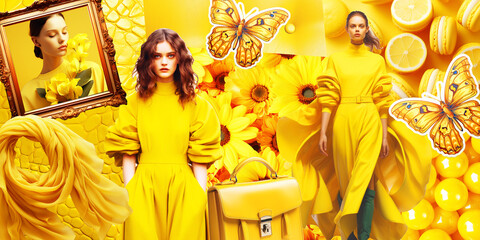 Fashion aesthetic colors moodboard Hand made, magazine clipping collage. Inspiration for designer, artist, fashion bloggers. Top color of the season high visibility yellow