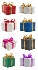 a collection of colorful gifts wrapped presents with a ribbon bows isolated against a transparent background- png - image compositing footage - alpha channel - birthday, christmas, x-mas