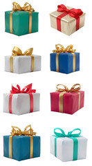 a set of colorful gifts wrapped presents with a ribbon bows isolated against a transparent background- png - image compositing footage - alpha channel - birthday, christmas, x-mas