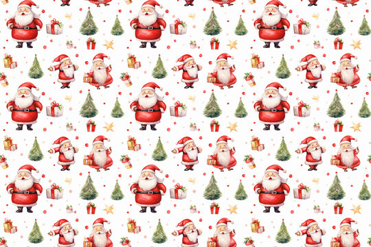seamless pattern of christmas icon,water color painting, santa claus, gift box, christmas tree Generative ai