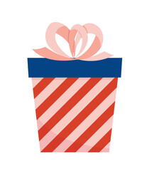 Obraz premium Striped present box with pink bow. Christmas red pink gift. Flat, cartoon, vector