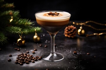 glass of christmas espresso martini coffee cocktail with xmas decor - obrazy, fototapety, plakaty