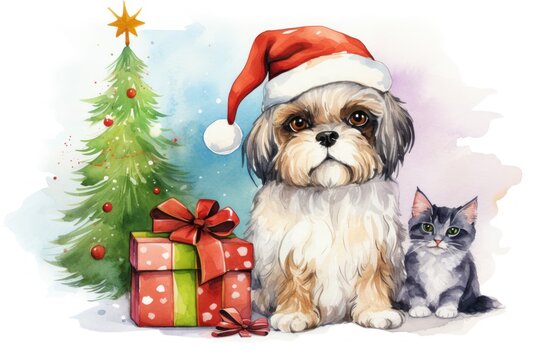  a watercolor painting of a dog and a cat next to a christmas tree with a red santa hat on.