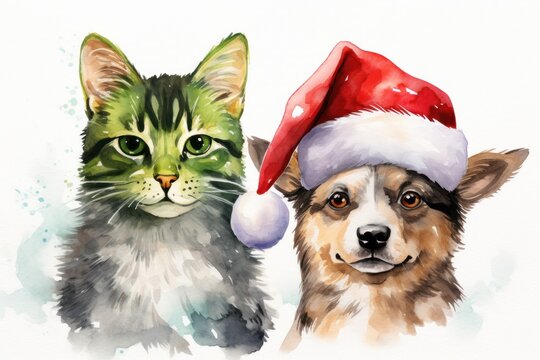  a watercolor painting of a dog and a cat wearing a santa hat with a snowflake on its head.