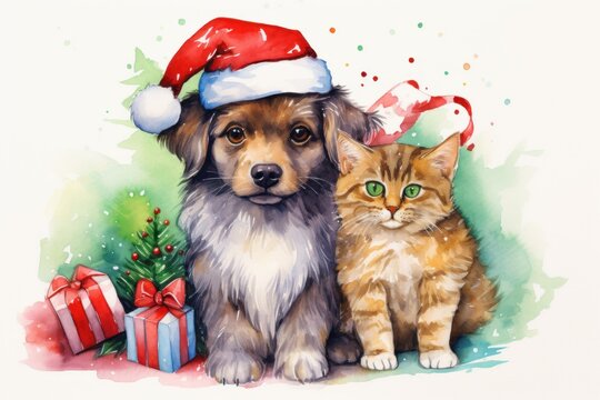  a watercolor painting of a dog and a cat sitting next to each other with christmas presents on the ground.