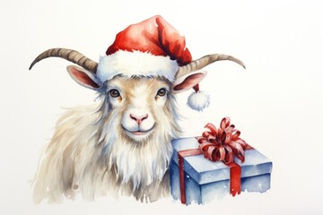  a watercolor painting of a goat wearing a santa hat next to a blue gift box with a red bow.