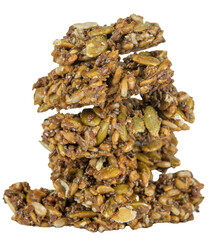Stack of seed snack over white background.