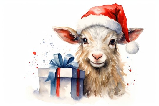  a watercolor painting of a sheep wearing a santa hat next to a gift box with a red ribbon on it.
