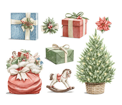 Watercolor vintage set with three boxes of gift presents, Christmas tree and bag with toys isolated on white background. Hand drawn illustration sketch