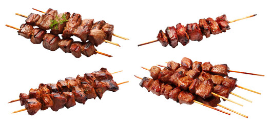 Set of delicious grilled kebabs on skewers, cut out