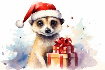  a watercolor painting of a meerkat wearing a santa hat next to a pile of gift wrapped presents.