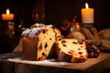 christmas panettone with raisins and dried fruit. Italian bread dessert at rustic kitchen. - obrazy, fototapety, plakaty