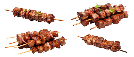 Set of delicious grilled kebabs on skewers, cut out - obrazy, fototapety, plakaty