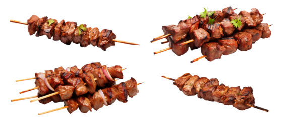 Set of delicious grilled kebabs on skewers, cut out