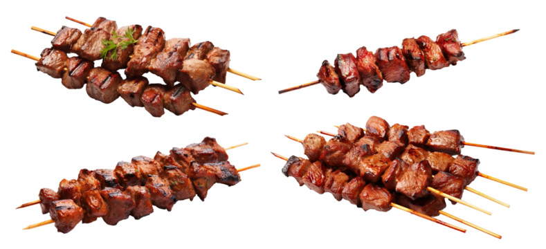 Set of delicious grilled kebabs on skewers, cut out