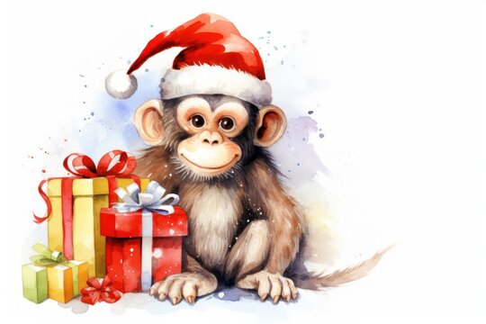  a watercolor painting of a monkey wearing a santa hat next to a gift box with a bow on it.