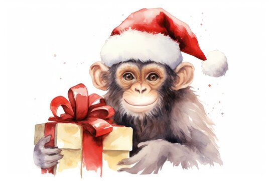 a watercolor painting of a monkey wearing a santa hat and holding a gift box with a red ribbon on it.