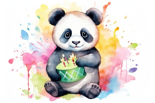  a watercolor painting of a panda bear holding a birthday cake with lit candles on it's front paws.