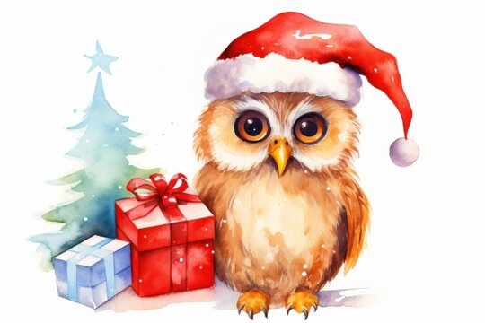  a watercolor painting of an owl wearing a santa hat next to a christmas tree with a present under it.