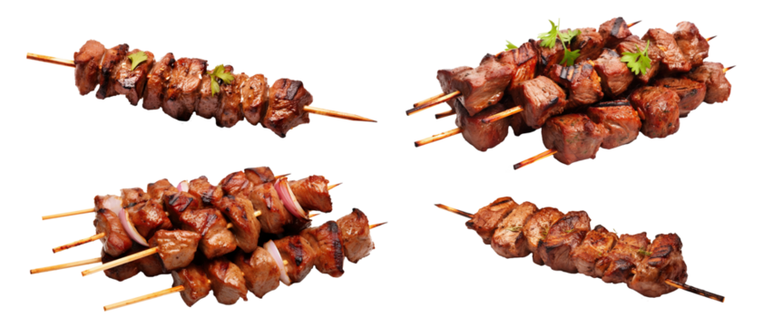 Set of delicious grilled kebabs on skewers, cut out