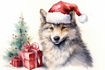  a watercolor painting of a dog wearing a santa hat next to a christmas tree with a red present box.