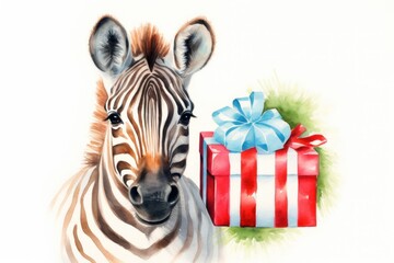  a watercolor painting of a zebra next to a red and white gift box with a blue bow on it.