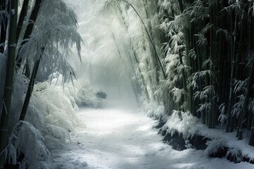  a path in the middle of a snow covered forest with snow on the ground and tall bamboo trees on either side of the path.