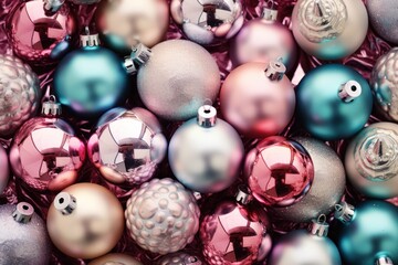  a close up of a bunch of different colored christmas ornament ornament balls on a white background.