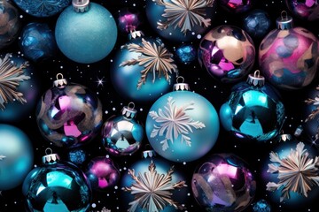  a bunch of blue and purple ornaments on a black background with a snowflake design on one ornament and a snowflake pattern on the other ornament.