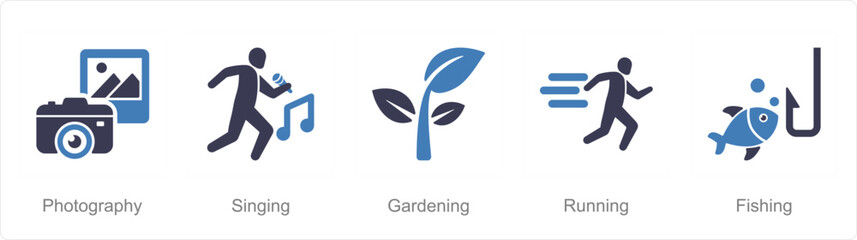 A set of 5 Hobby icons as photography, singing, gardening