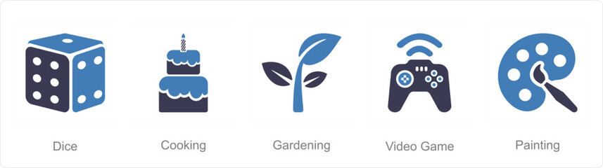 A set of 5 Hobby icons as dice, cooking, video game