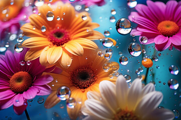 macro, bright juicy chrysanthemum flowers under water with drops, magenta, pink, orange and blue colors