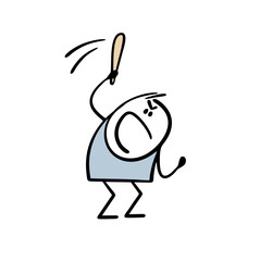 Obraz premium Aggressive man swings and hits with big stick, bat or club. Vector illustration of violent fight, evil stickman. Ugly guy swears and yells in anger.