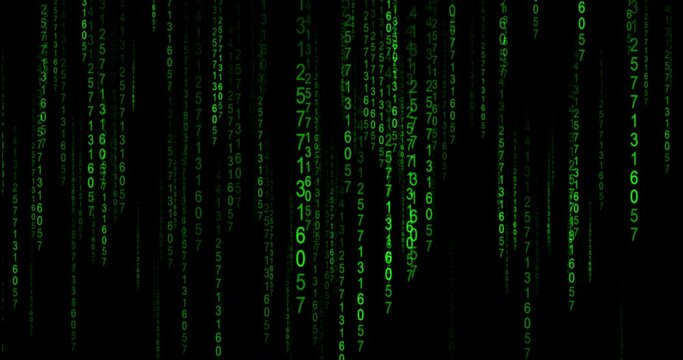 Rain of symbols on black background. Raining code effect animation. Background with glowing digits as source code for encryption and digitally virus for software data in cyberspace technology secure