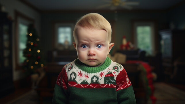 Funny child newborn baby in ugly Christmas sweater. 