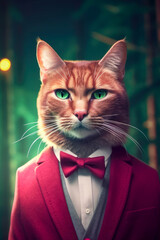 The cat dressed in an elegant burgundy suit stands in the forest. Fashion portrait of an anthropomorphic animal. Generative ai