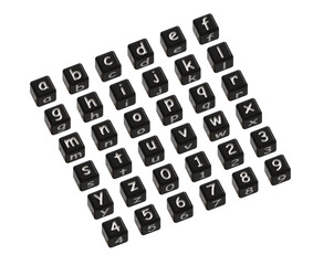 Black dice with alphabet and numbers