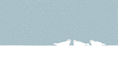Seal family in snowland vector illustration. Snow landscape concept have blank space. © Wasitt