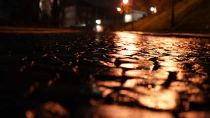 Cobblestone street at night reflection