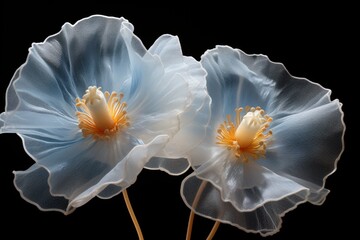  a close up of two flowers on a black background with a white center and a light blue center with a yellow center.