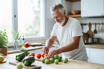 Fototapeta premium an elderly man 60 years old in a white T-shirt and with gray hair cuts vegetables in the kitchen, prepares a salad
