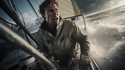 Image of a sailor confidently steering a yacht at sea.